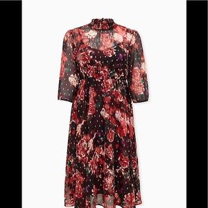 Burgundy Purple Floral Chiffon Mock Neck Midi